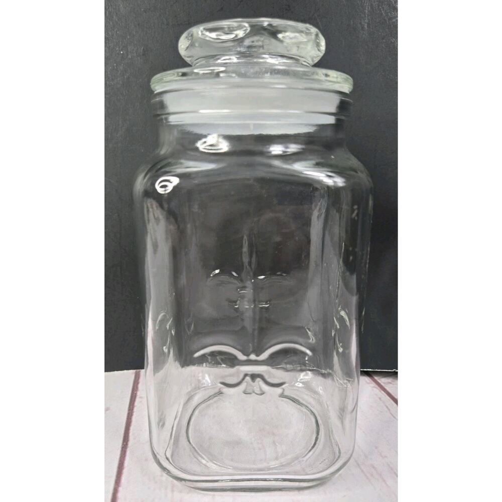 Anchor Hocking Fleur de Lis Glass Canister Apothecary Jar Tight Seal Lidded Vtg